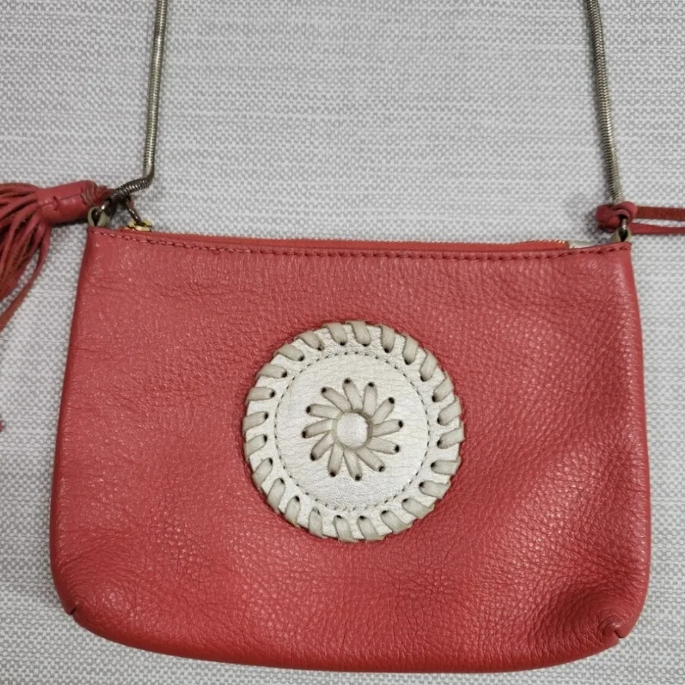 Jack Rogers Leather Small Crossbody Bag Tassel Metal Strap Deep Salmon Color